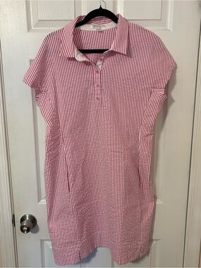 Pink & White Seersucker Striped Polo Dress with Pockets
